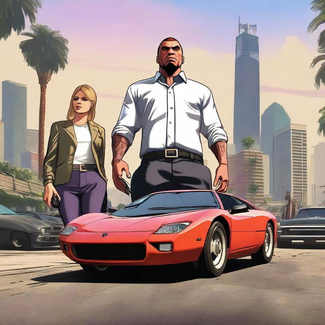 Create an image depicting Shay Jackson and his wife Lay in the vibrant and chaotic world of GTA5 Online