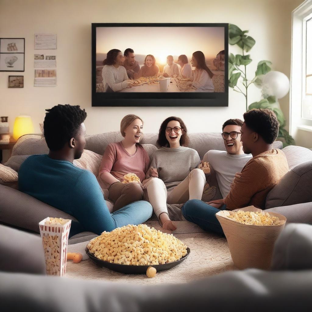 A cozy living room scene with a big screen TV displaying a random movie night