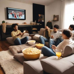 A cozy living room scene with a big screen TV displaying a random movie night