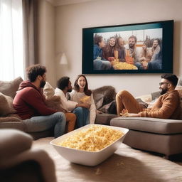 A cozy living room scene with a big screen TV displaying a random movie night