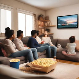 A cozy living room scene with a big screen TV displaying a random movie night