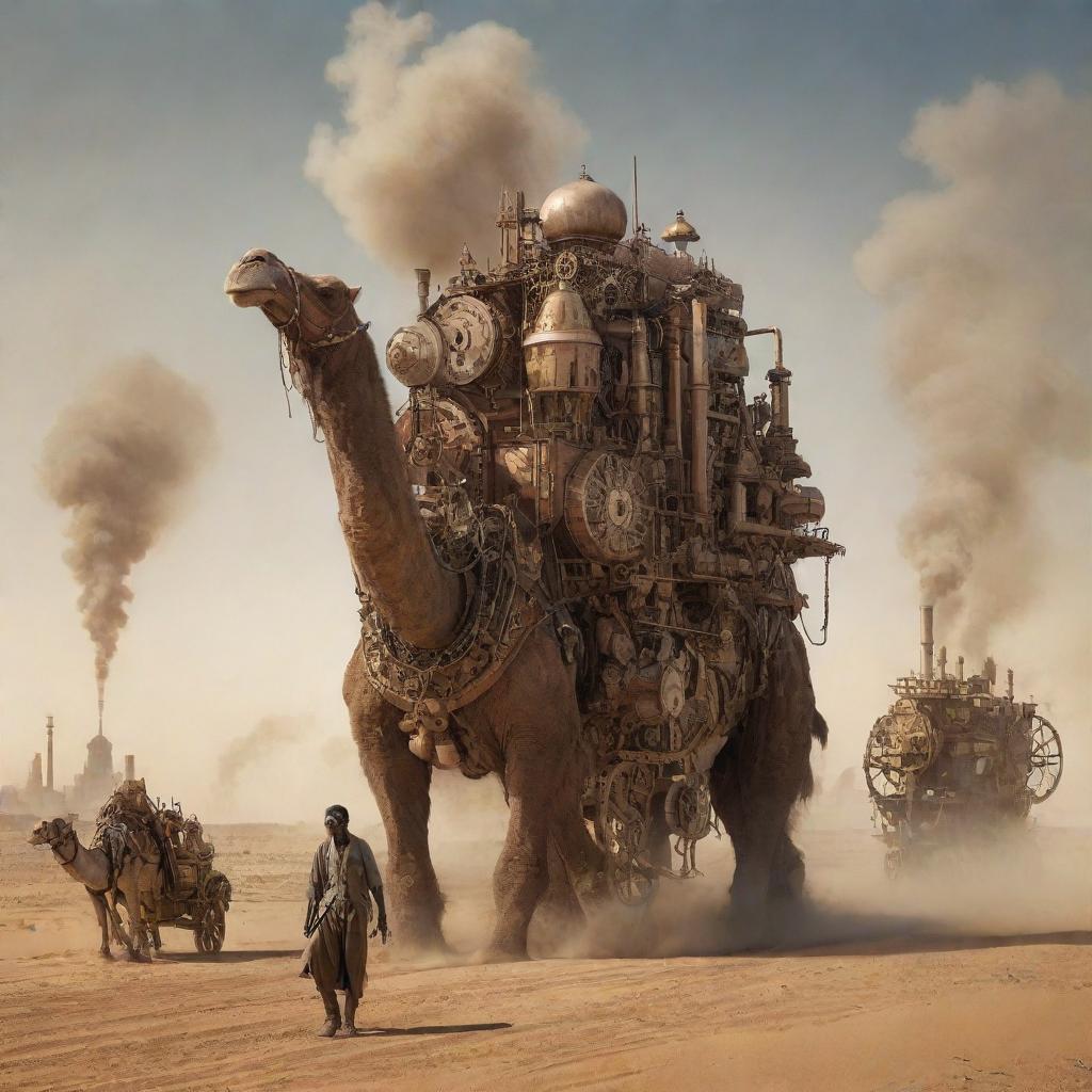 A creative depiction of Chad infused with steampunk elements, involving N'Djamena's cityscape infused with antique gears and steam engines, vast desert landscapes dominated by mechanical camels, and Lake Chad surrounded by steam-powered machinery.