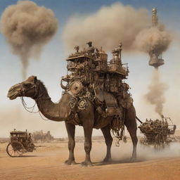 A creative depiction of Chad infused with steampunk elements, involving N'Djamena's cityscape infused with antique gears and steam engines, vast desert landscapes dominated by mechanical camels, and Lake Chad surrounded by steam-powered machinery.