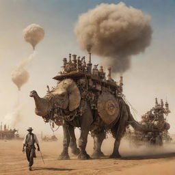 A creative depiction of Chad infused with steampunk elements, involving N'Djamena's cityscape infused with antique gears and steam engines, vast desert landscapes dominated by mechanical camels, and Lake Chad surrounded by steam-powered machinery.