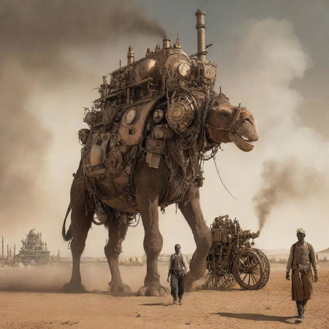 A creative depiction of Chad infused with steampunk elements, involving N'Djamena's cityscape infused with antique gears and steam engines, vast desert landscapes dominated by mechanical camels, and Lake Chad surrounded by steam-powered machinery.