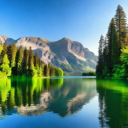 A beautiful landscape featuring a serene lake surrounded by lush green trees and mountains in the background under a clear blue sky