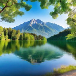 A beautiful landscape featuring a serene lake surrounded by lush green trees and mountains in the background under a clear blue sky