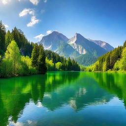 A beautiful landscape featuring a serene lake surrounded by lush green trees and mountains in the background under a clear blue sky