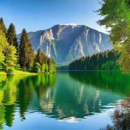 A beautiful landscape featuring a serene lake surrounded by lush green trees and mountains in the background under a clear blue sky