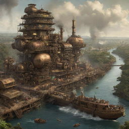 A steampunk-influenced interpretation of the Republic of the Congo, showing Brazzaville adorned with vintage machinery, sprawling forests populated with mechanical wildlife, and the Congo River bustling with steam-powered boats.