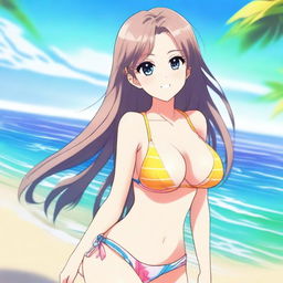 A beautiful anime-style waifu in a bikini, standing on a sunny beach with the ocean in the background