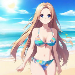 A beautiful anime-style waifu in a bikini, standing on a sunny beach with the ocean in the background