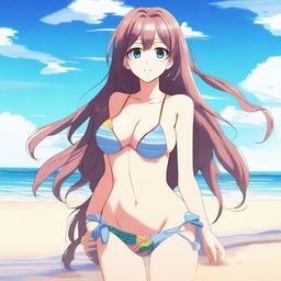 A beautiful anime-style waifu in a bikini, standing on a sunny beach with the ocean in the background