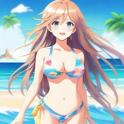 A beautiful anime-style waifu in a bikini, standing on a sunny beach with the ocean in the background