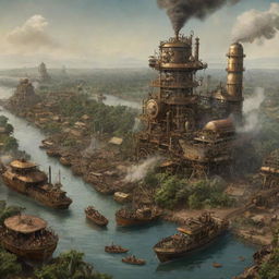 A steampunk-influenced interpretation of the Republic of the Congo, showing Brazzaville adorned with vintage machinery, sprawling forests populated with mechanical wildlife, and the Congo River bustling with steam-powered boats.