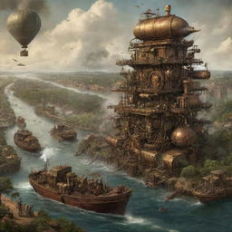 A steampunk-influenced interpretation of the Republic of the Congo, showing Brazzaville adorned with vintage machinery, sprawling forests populated with mechanical wildlife, and the Congo River bustling with steam-powered boats.