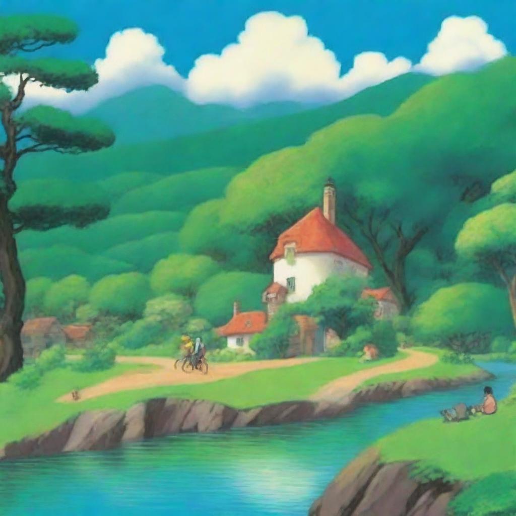 Create a serene and enchanting landscape in the style of Studio Ghibli, featuring lush green fields, a flowing river, and a quaint village with whimsical houses