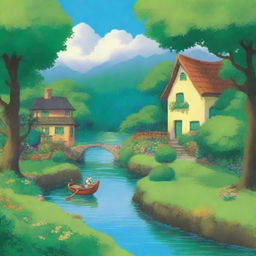 Create a serene and enchanting landscape in the style of Studio Ghibli, featuring lush green fields, a flowing river, and a quaint village with whimsical houses