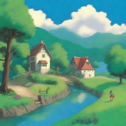 Create a serene and enchanting landscape in the style of Studio Ghibli, featuring lush green fields, a flowing river, and a quaint village with whimsical houses