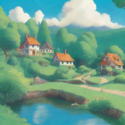 Create a serene and enchanting landscape in the style of Studio Ghibli, featuring lush green fields, a flowing river, and a quaint village with whimsical houses