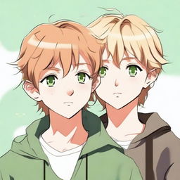 A blonde boy with green eyes and freckles is looking to the side, while a brown-haired girl with brown eyes holds him by the shoulder