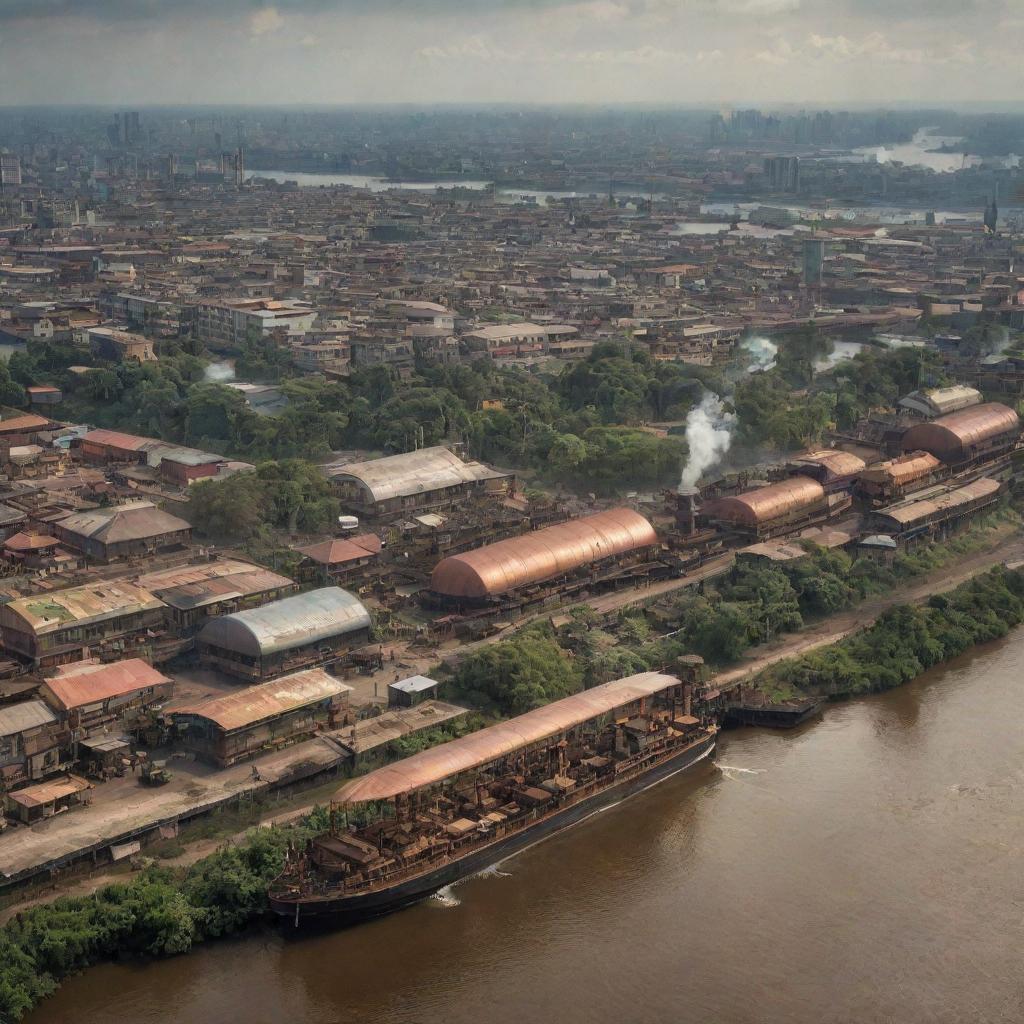 Imagine the Democratic Republic of the Congo through a steampunk lens, featuring age-worn copper cityscapes in Kinshasa, the Congo river filled with steamships, and the lush rainforest teeming with gear-laden, steam-powered wildlife.