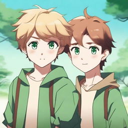 A blonde boy with green eyes and freckles is looking to the side, while a brown-haired girl with brown eyes holds him by the shoulder