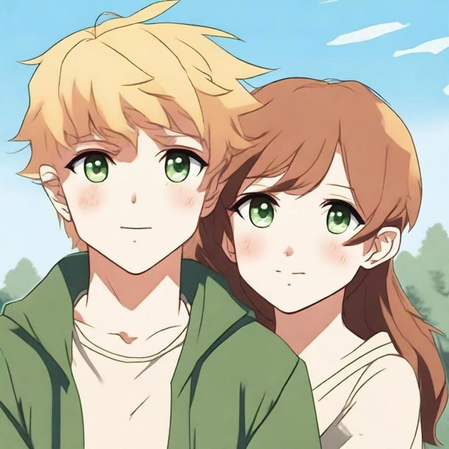 A blonde boy with green eyes and freckles is looking to the side, while a brown-haired girl with brown eyes holds him by the shoulder