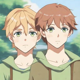 A blonde boy with green eyes and freckles is looking to the side, while a brown-haired girl with brown eyes holds him by the shoulder