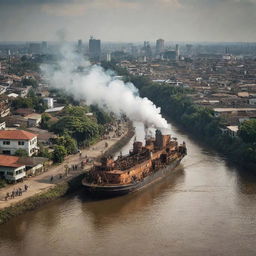 Imagine the Democratic Republic of the Congo through a steampunk lens, featuring age-worn copper cityscapes in Kinshasa, the Congo river filled with steamships, and the lush rainforest teeming with gear-laden, steam-powered wildlife.