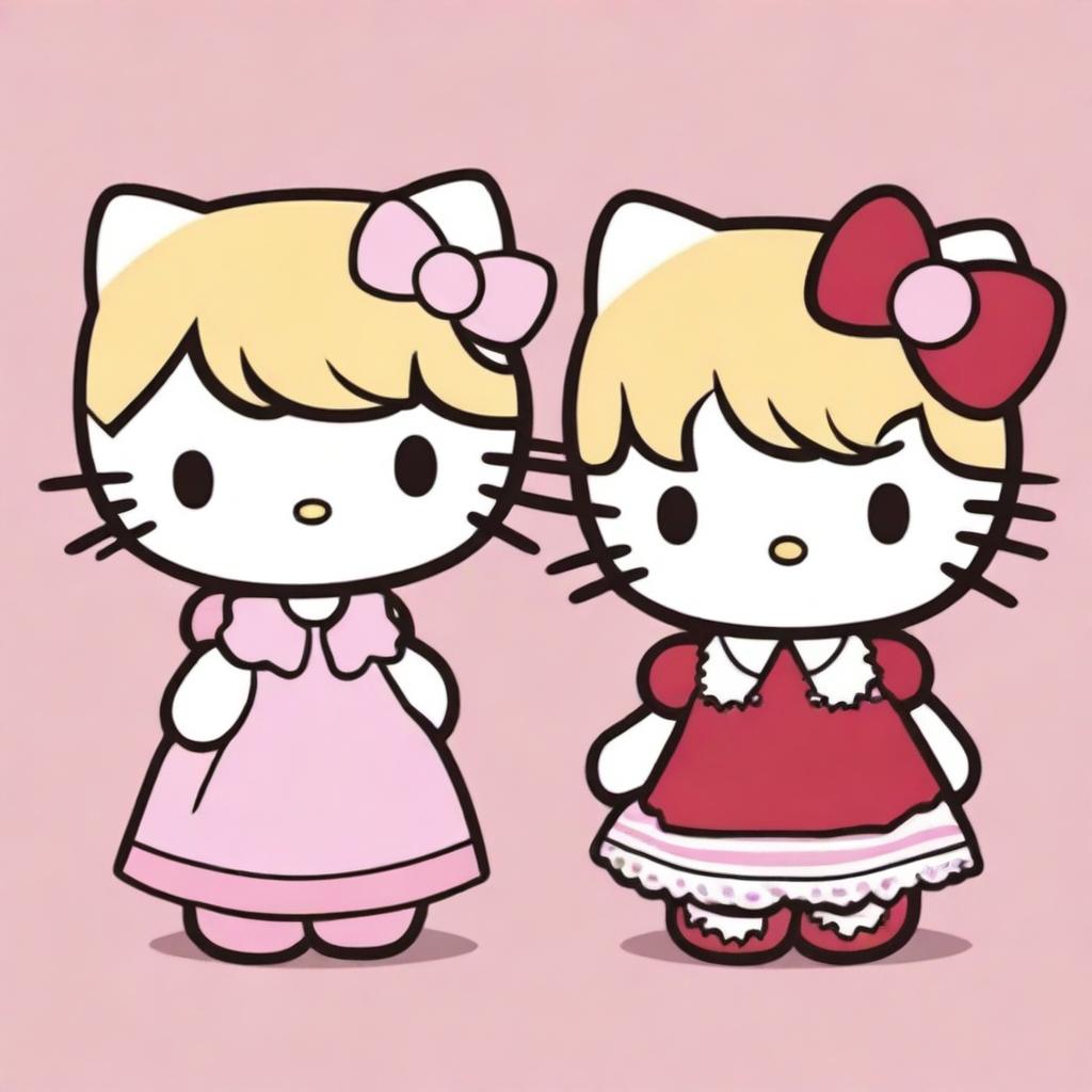 Two Hello Kitty characters, one with blonde hair and the other with dark burgundy red hair, standing side by side