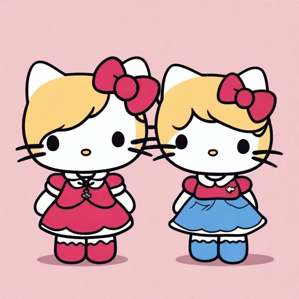 Two Hello Kitty characters, one with blonde hair and the other with dark burgundy red hair, standing side by side