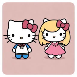 Two Hello Kitty characters, one with blonde hair and the other with dark burgundy red hair, standing side by side