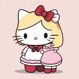 Two Hello Kitty characters, one with blonde hair and the other with dark burgundy red hair, standing side by side