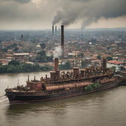 Imagine the Democratic Republic of the Congo through a steampunk lens, featuring age-worn copper cityscapes in Kinshasa, the Congo river filled with steamships, and the lush rainforest teeming with gear-laden, steam-powered wildlife.