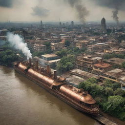 Imagine the Democratic Republic of the Congo through a steampunk lens, featuring age-worn copper cityscapes in Kinshasa, the Congo river filled with steamships, and the lush rainforest teeming with gear-laden, steam-powered wildlife.