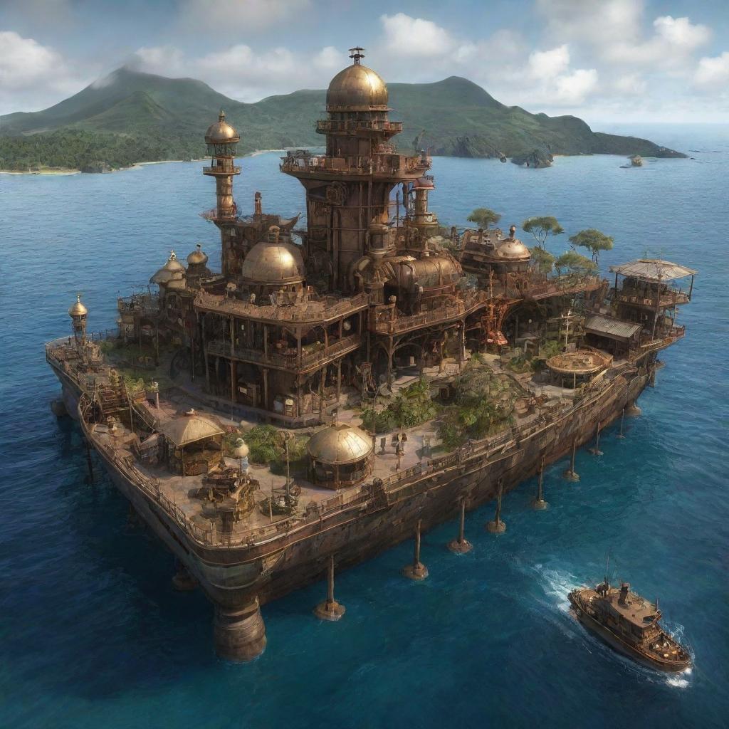 A vision of Equatorial Guinea with a steampunk twist, featuring the Bioko island with brass and iron constructs overlying the tropical landscape, and steam-powered marine creatures in the Gulf of Guinea.