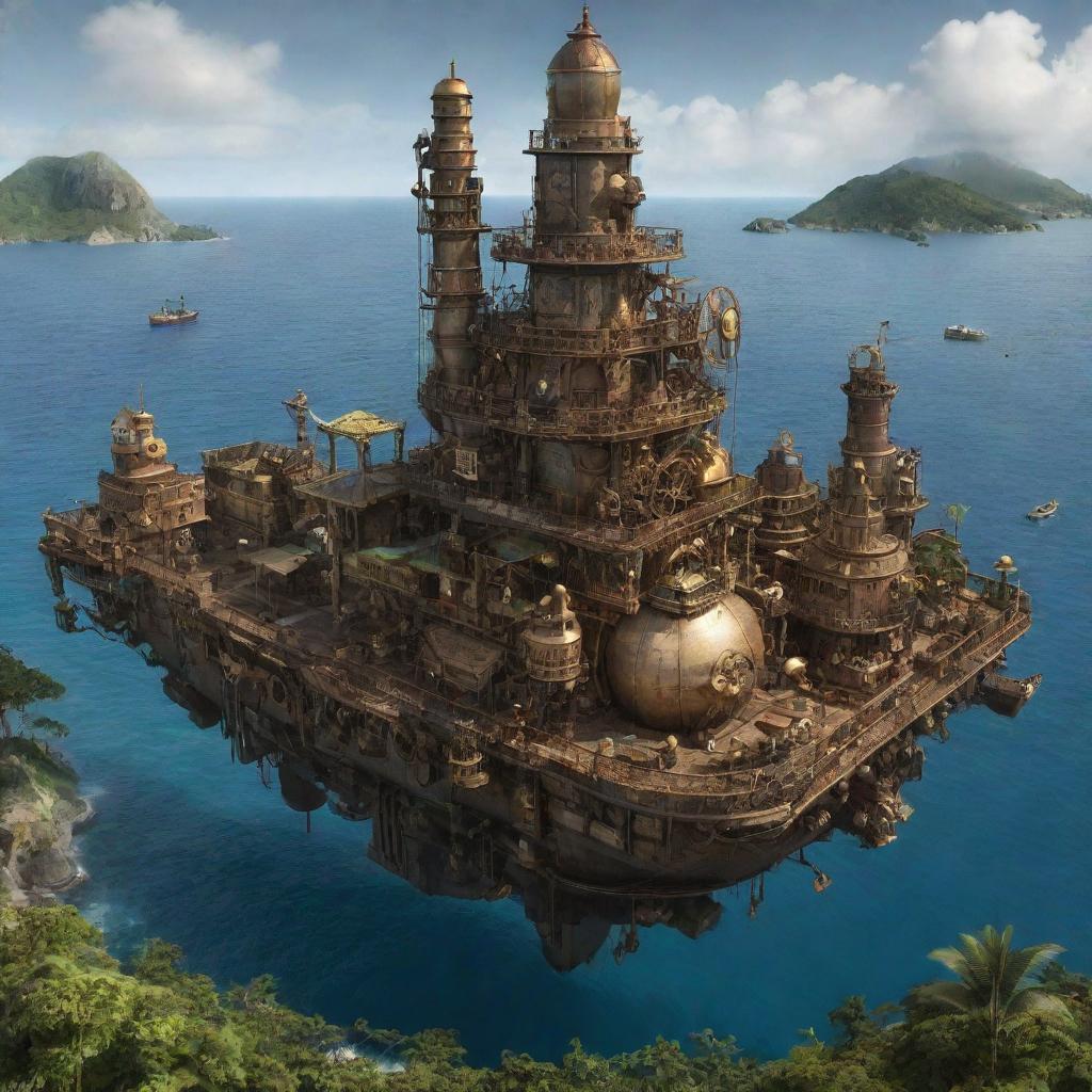 A vision of Equatorial Guinea with a steampunk twist, featuring the Bioko island with brass and iron constructs overlying the tropical landscape, and steam-powered marine creatures in the Gulf of Guinea.