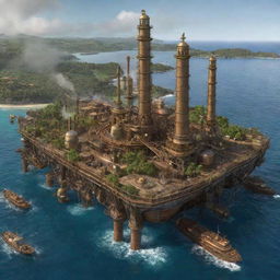 A vision of Equatorial Guinea with a steampunk twist, featuring the Bioko island with brass and iron constructs overlying the tropical landscape, and steam-powered marine creatures in the Gulf of Guinea.