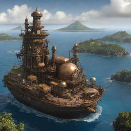 A vision of Equatorial Guinea with a steampunk twist, featuring the Bioko island with brass and iron constructs overlying the tropical landscape, and steam-powered marine creatures in the Gulf of Guinea.