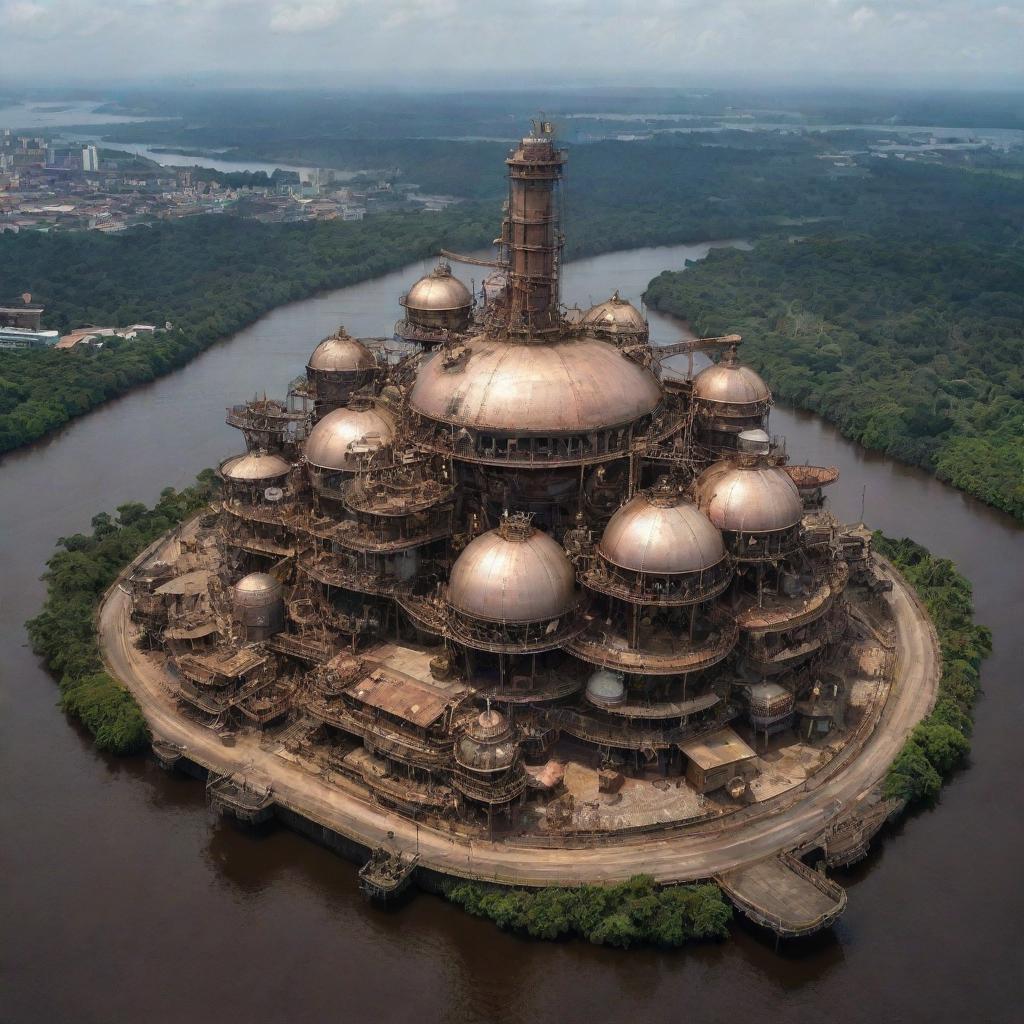 A reimagining of Gabon under steampunk influence, showcasing Libreville embraced by intricate metalwork, national parks spawning mechanical wildlife, and river landscapes subtly disturbed by steam technology.