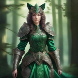 A female Green Knight dressed in ornate, emerald green armor, featuring intricate designs