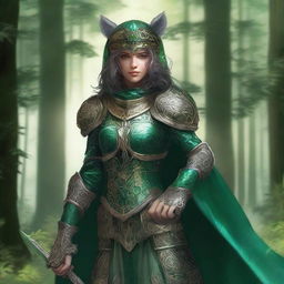 A female Green Knight dressed in ornate, emerald green armor, featuring intricate designs