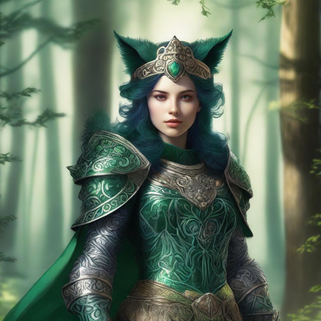 A female Green Knight dressed in ornate, emerald green armor, featuring intricate designs