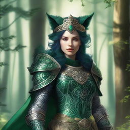 A female Green Knight dressed in ornate, emerald green armor, featuring intricate designs