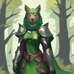 A female Green Knight adorned with bear ears and a bear nose