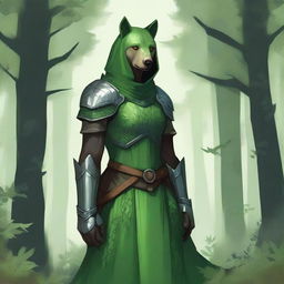 A female Green Knight adorned with bear ears and a bear nose