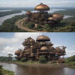 A reimagining of Gabon under steampunk influence, showcasing Libreville embraced by intricate metalwork, national parks spawning mechanical wildlife, and river landscapes subtly disturbed by steam technology.