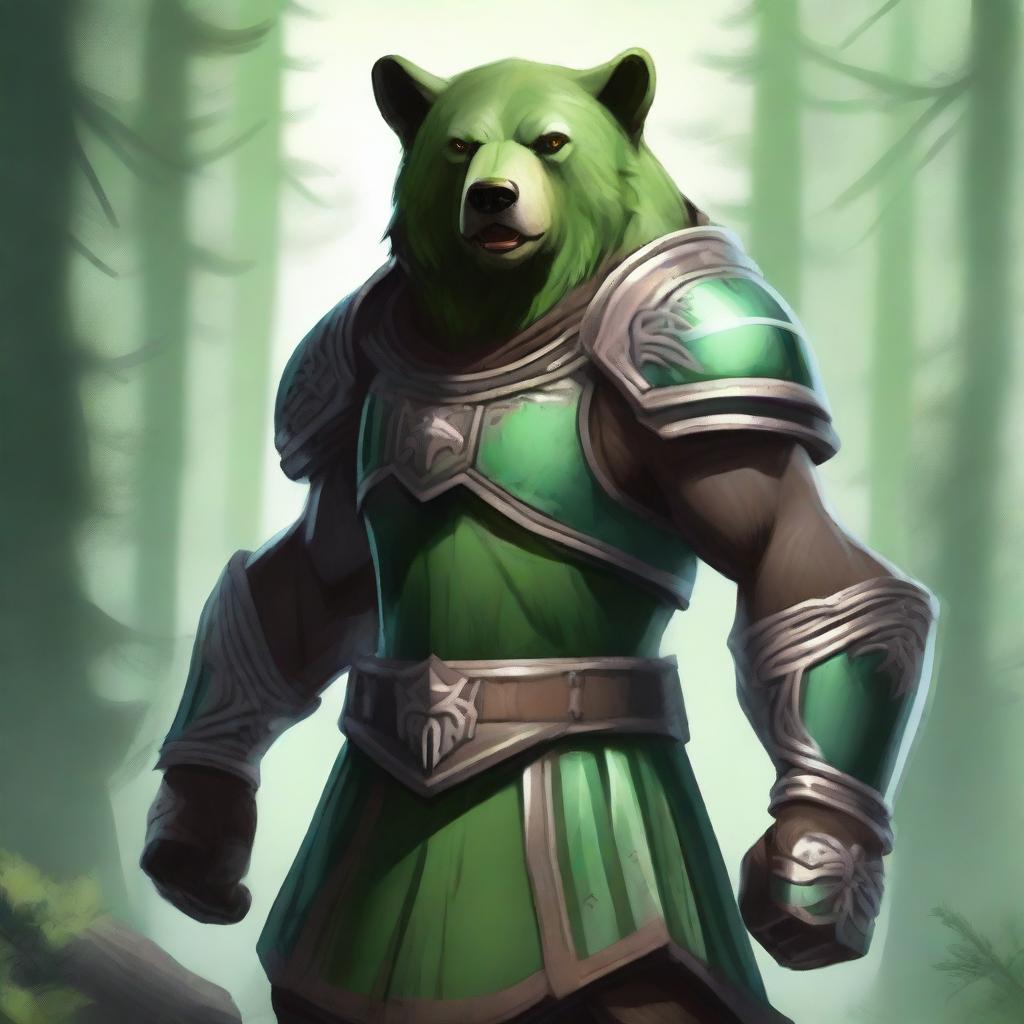 A fierce warrior clad in green armor, featuring bear ears on the helmet and bear claws as part of the gauntlets