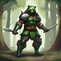 A fierce warrior clad in green armor, featuring bear ears on the helmet and bear claws as part of the gauntlets